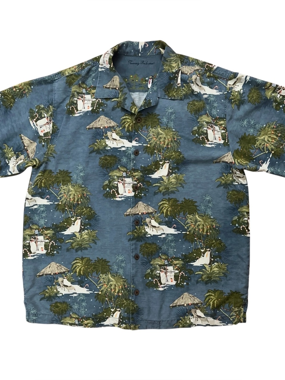 Tommy Bahama Shirt Mens M Short Sleeve Silk Hawaiian Christmas Penguins Green